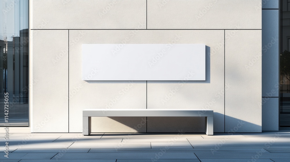 Minimalist modern outdoor bench and blank wall in sunlit urban setting, mockup concept Minimalist modern outdoor bench and blank wall in sunlit urban setting, mockup concept