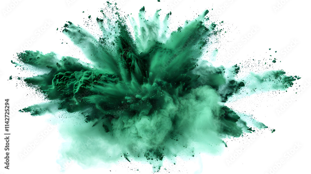 A dynamic burst of energetic green powder particles explodes against a white backdrop, ideal for design, art, and science themes, with vibrant colors, conveying motion and energy A dynamic burst of energetic green powder particles explodes against a white backdrop, ideal for design, art, and science themes, with vibrant colors, conveying motion and energy