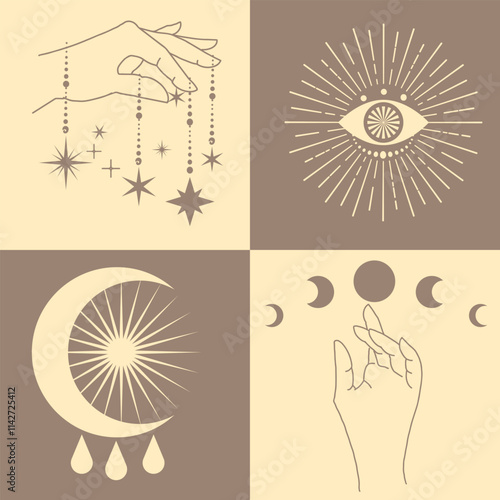 Astrological, esoteric symbols. Sun, stars, planets, moon, crescent