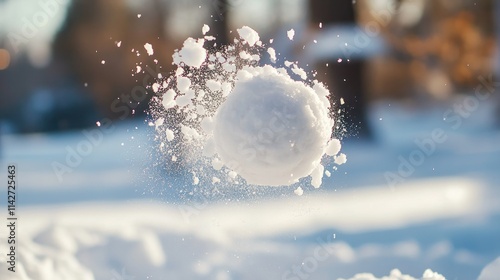 A snowball captured mid-air, bursting with snow particles against a winter backdrop. photo