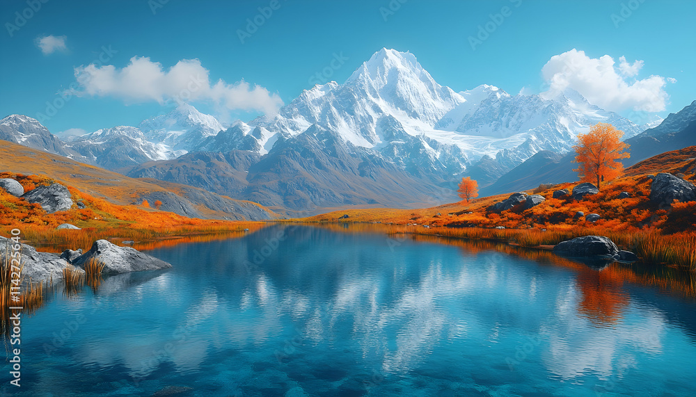 Obraz premium Autumnal Mountain Lake Reflection, Caucasus, Sunrise, Travel Poster.