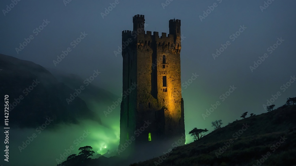 Obraz premium Enigmatic Castle Tower in Misty Night