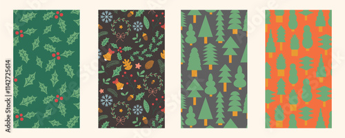 Set of vertical celebrating Christmas and New Year pattern backgrounds in vector. Templates for backdrop background poster postcards social media cover