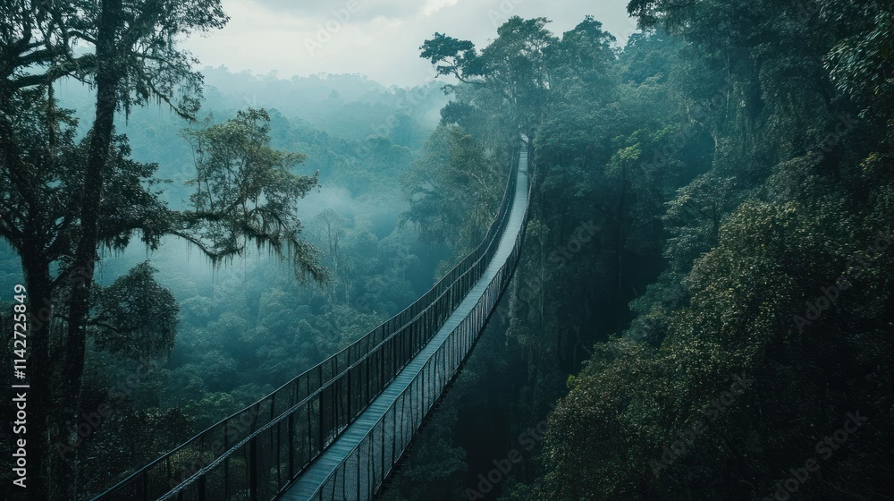 Fototapeta premium A breathtaking view from a rainforest treetop walkway, showcasing the sprawling canopy below