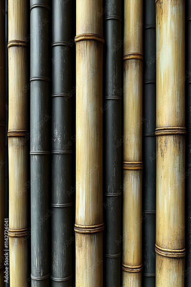 Fototapeta premium Black and beige bamboo wall texture, close-up view, Asian garden background, design material.