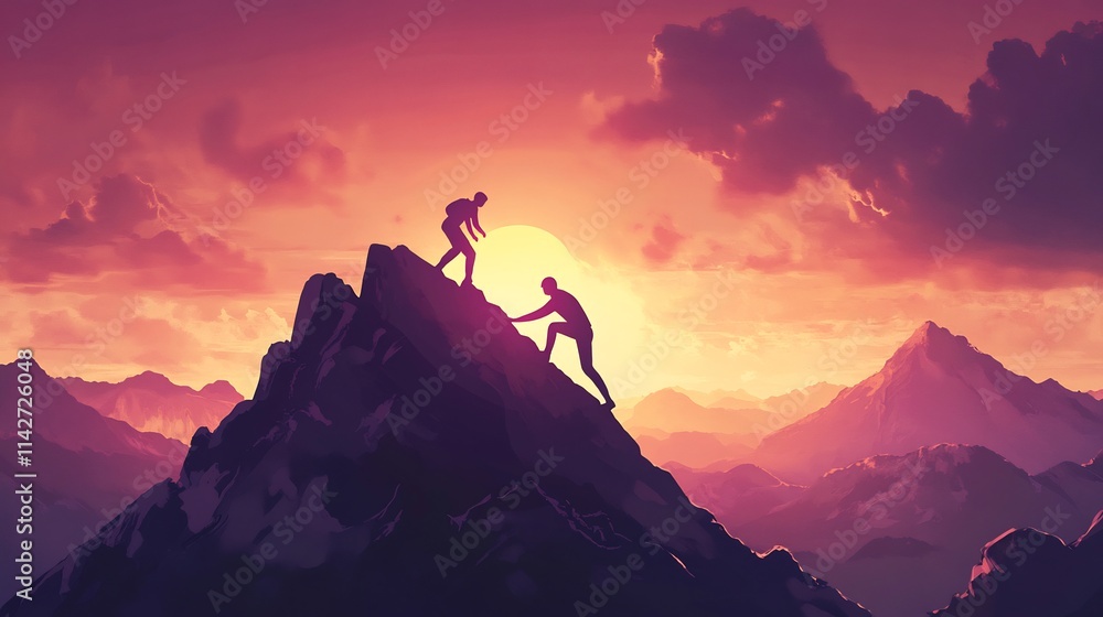Fototapeta premium Sunset Mountain Climbers: A Helping Hand to Success