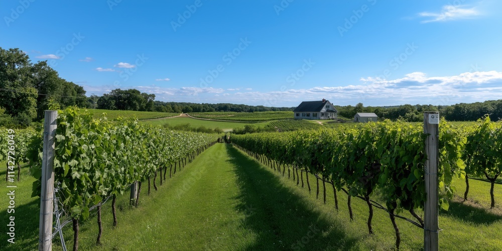 A sunny day with bright blue skies overlooking lush green vineyards, ready for a bountiful grape harvest. A sunny day with bright blue skies overlooking lush green vineyards, ready for a bountiful grape harvest.