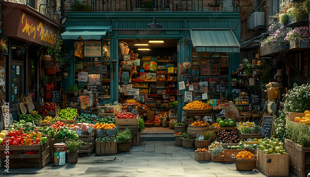Charming Italian Produce Shop Street Scene, Sunlight, Food, Market, Background Buildings, Commercial Use. Charming Italian Produce Shop Street Scene, Sunlight, Food, Market, Background Buildings, Commercial Use.