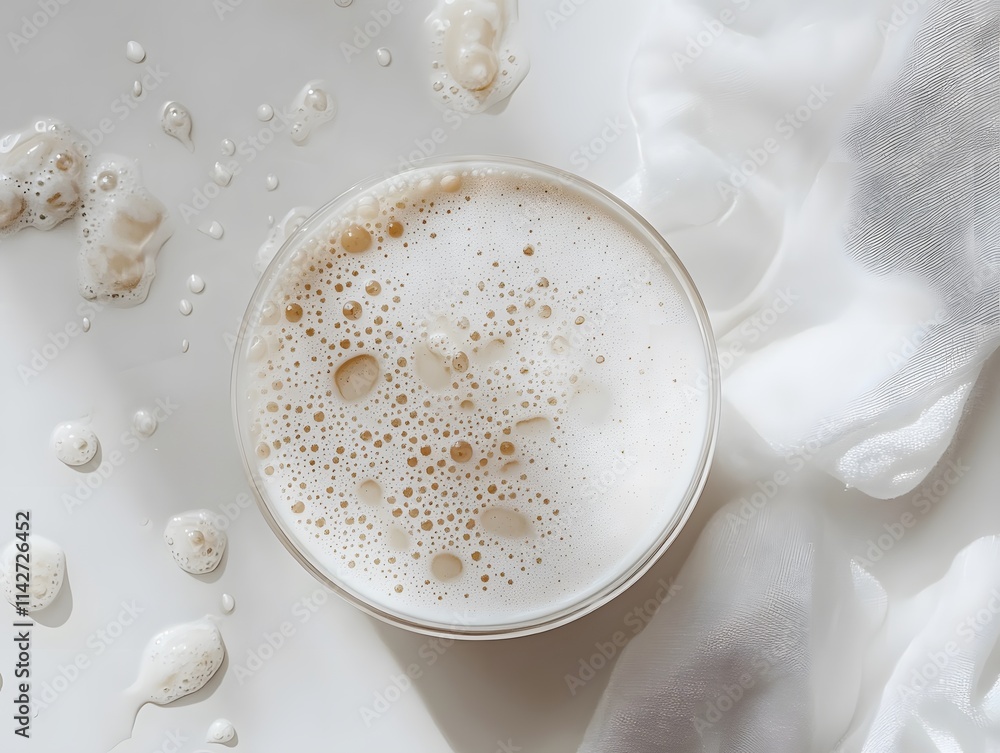 Freshly Brewed Creamy Coffee in a Clear Glass on a Soft White Surface with Luscious Foam and Droplets, Capturing Morning Vibes and Warmth Freshly Brewed Creamy Coffee in a Clear Glass on a Soft White Surface with Luscious Foam and Droplets, Capturing Morning Vibes and Warmth