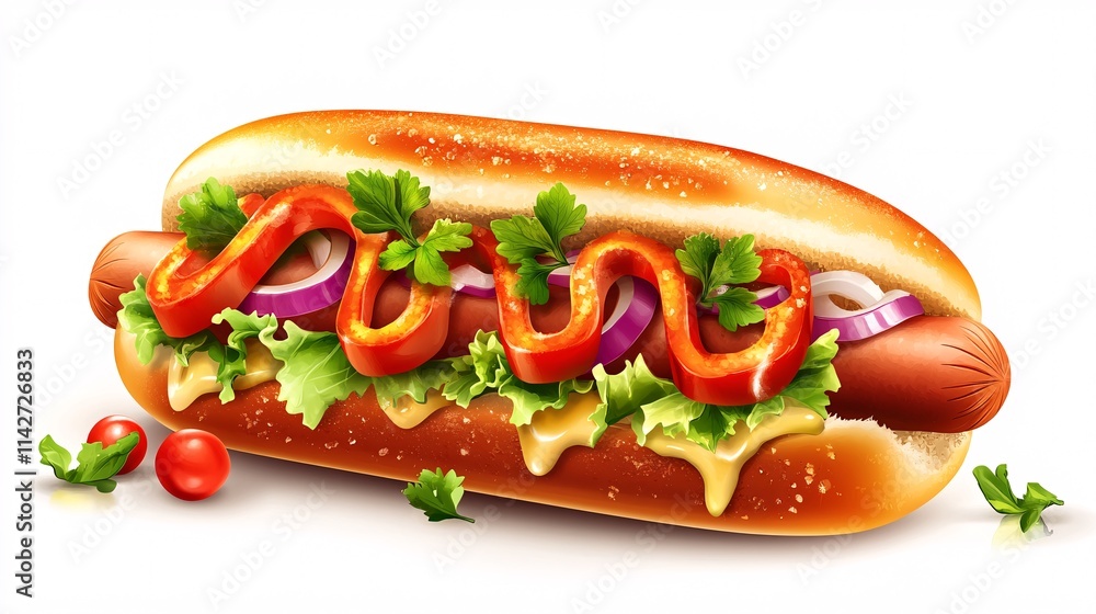 Delicious hot dog topped with fresh vegetables and sauces, perfect for summer picnics and barbecues. Delicious hot dog topped with fresh vegetables and sauces, perfect for summer picnics and barbecues.