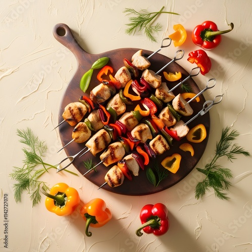 Chicken skewers with slices of sweet peppers and dill, photo