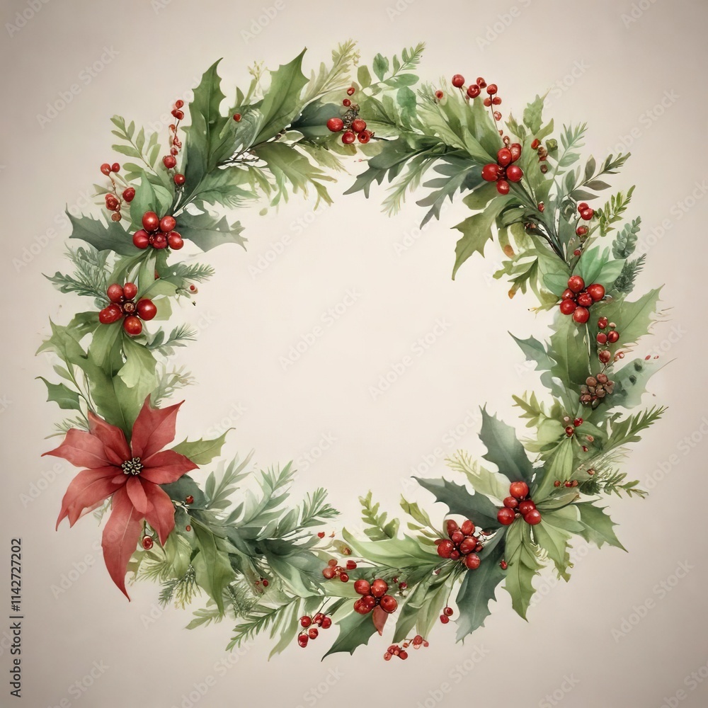 Whimsical watercolor Christmas wreath with holly and mistletoe, holly, decoration, Christmas, whimsical Whimsical watercolor Christmas wreath with holly and mistletoe, holly, decoration, Christmas, whimsical