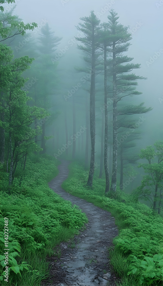 Foggy Mountain Trail Winding Path Through Lush Green Forest. Foggy Mountain Trail Winding Path Through Lush Green Forest.