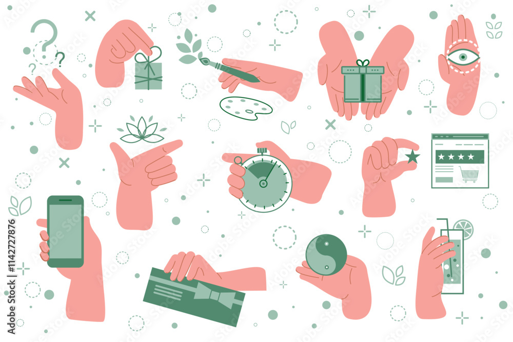 Hand holding a lotus, yin and yang symbol, briefcase, gift, ice cream, smartphone, postcard, brush, questions, stopwatch, cocktail, app Hand holding a lotus, yin and yang symbol, briefcase, gift, ice cream, smartphone, postcard, brush, questions, stopwatch, cocktail, app