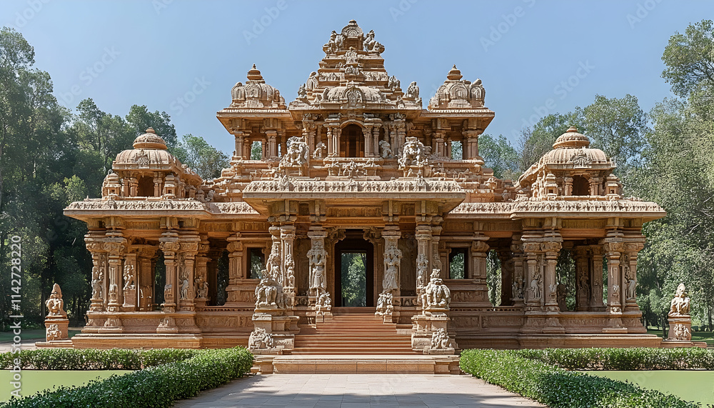 Intricate sandstone temple, India, serene park background, travel tourism. Intricate sandstone temple, India, serene park background, travel tourism.
