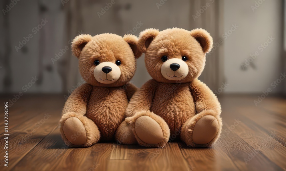 Obraz premium Fluffy teddy bear sits on polished wood surface, white, sweet