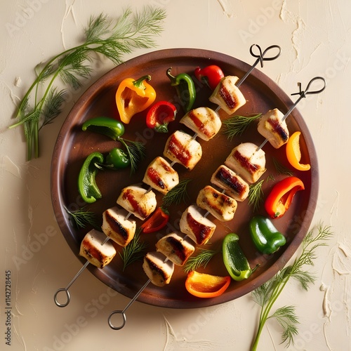 Chicken skewers with slices of sweet peppers and dill, photo