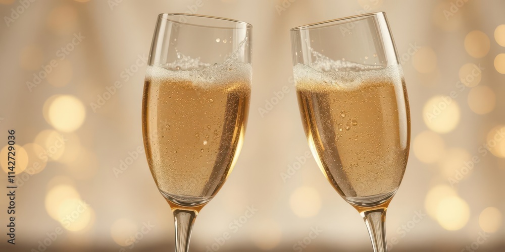 Golden champagne flutes, bubbles rising, celebratory toast, drink, bubbles Golden champagne flutes, bubbles rising, celebratory toast, drink, bubbles
