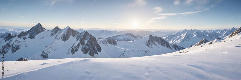 Wide-angle view of a snow-covered mountain range with a vast expanse of untouched white snow, mountain landscape, blank canvas, snowy hills, endless snow Wide-angle view of a snow-covered mountain range with a vast expanse of untouched white snow, mountain landscape, blank canvas, snowy hills, endless snow