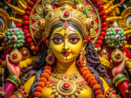 Macro Photography: Yellow Durga Goddess Idol, Red Clothing, Hindu Festival