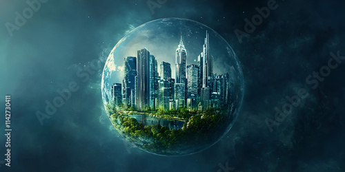 Ecological green and nonpolluting futuristic city.A large glass ball with a city inside of it floating in the sky


