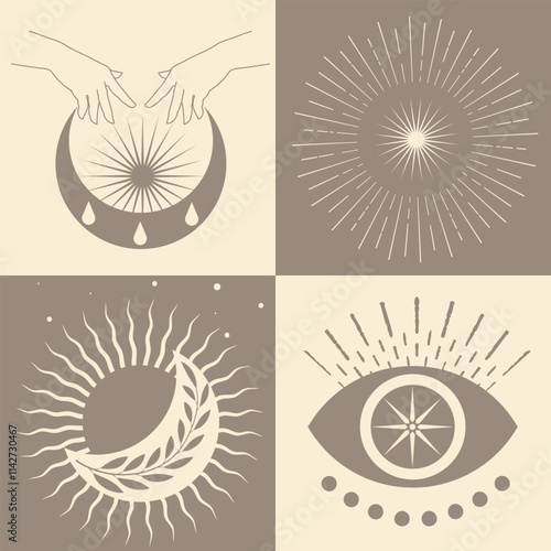 Astrological, esoteric symbols. Sun, stars, planets, moon, crescent
