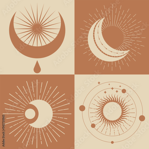 Astrological, esoteric symbols. Sun, stars, planets, moon, crescent