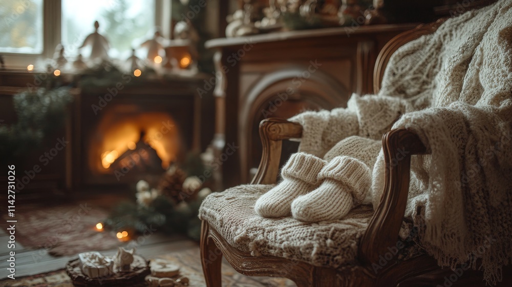 A rustic Christmas corner with woolen mittens and felted slippers on a vintage chair, and small angel decorations around the room. A cozy fireplace flickers in the background. A rustic Christmas corner with woolen mittens and felted slippers on a vintage chair, and small angel decorations around the room. A cozy fireplace flickers in the background.