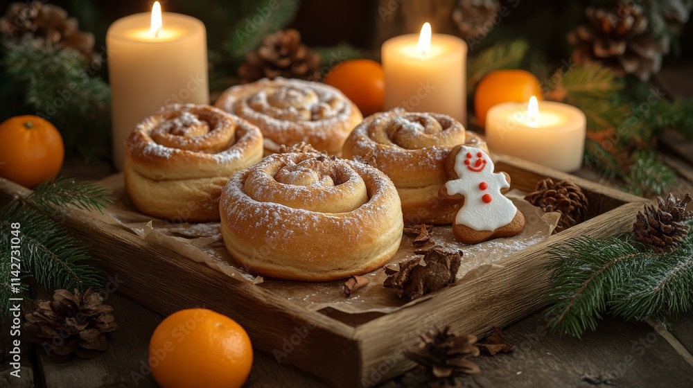 A rustic holiday setup with hot cinnamon rolls, gingerbread cookies shaped like snowmen, and fresh tangerines on a wooden tray. Candles flicker softly in the background, creating a cozy ambiance. A rustic holiday setup with hot cinnamon rolls, gingerbread cookies shaped like snowmen, and fresh tangerines on a wooden tray. Candles flicker softly in the background, creating a cozy ambiance.