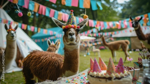 adorable llamas at a vibrant outdoor birthday party, colorful decorations, festive atmosphere surrounded by tents and playful banners, joyful setting and happy vibe