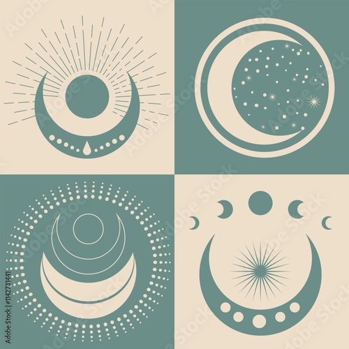 Astrological, esoteric symbols. Sun, stars, planets, moon, crescent