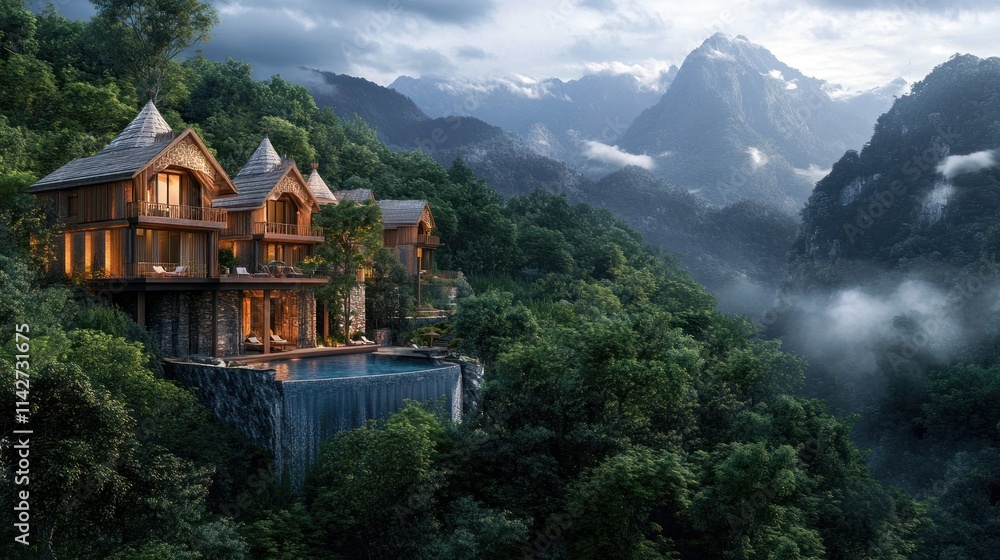 Naklejka premium A breathtaking view of a luxury retreat surrounded by lush forests and majestic mountain peaks