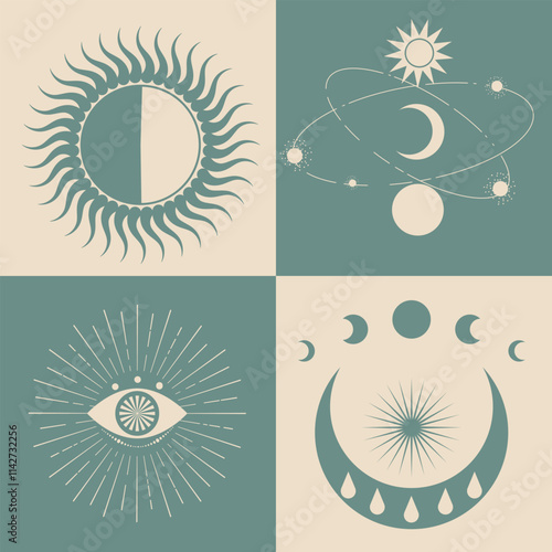 Astrological, esoteric symbols. Sun, stars, planets, moon, crescent