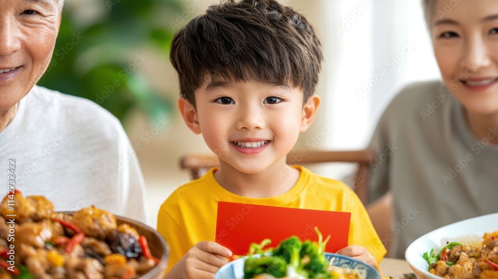 A young child receiving a red envelope from grandparents during a Chinese New Year dinner, symbolizing blessings and family traditions. A young child receiving a red envelope from grandparents during a Chinese New Year dinner, symbolizing blessings and family traditions.