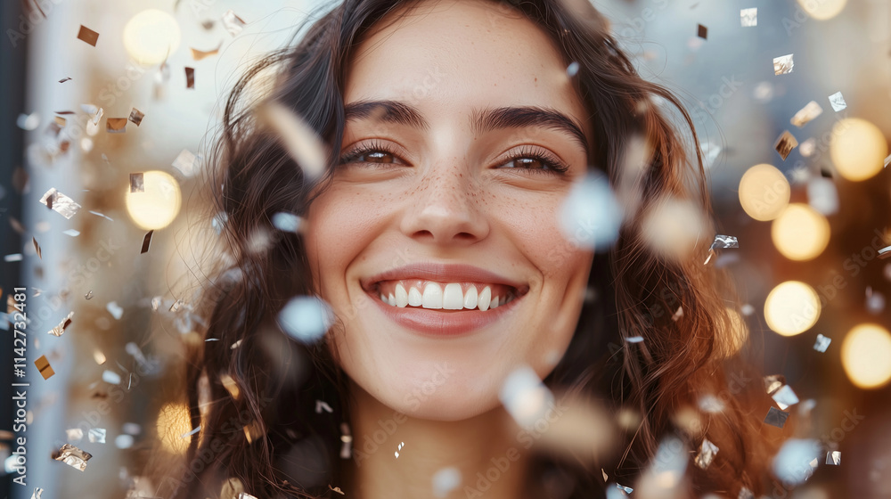 Smiling Woman Celebrating with Confetti at a Party Smiling Woman Celebrating with Confetti at a Party