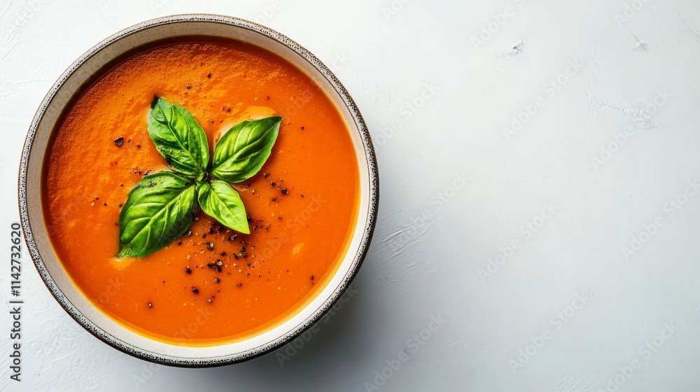 Fresh Tomato Soup with Basil Garnish in Bowl Fresh Tomato Soup with Basil Garnish in Bowl