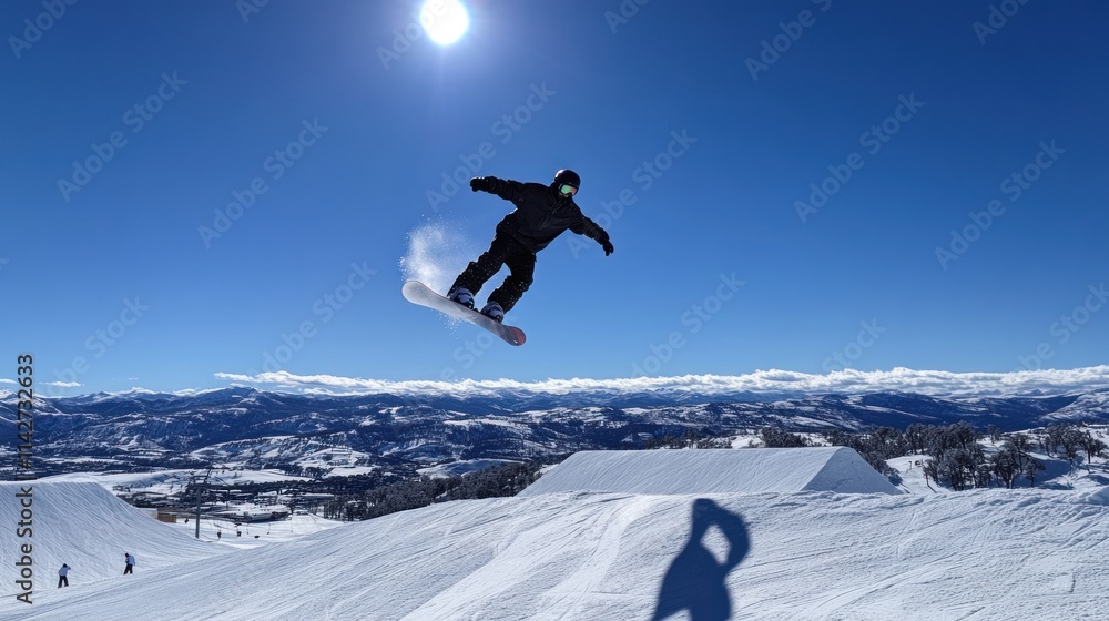 A snowboarder performs a jump against a clear blue sky and snowy landscape. A snowboarder performs a jump against a clear blue sky and snowy landscape.