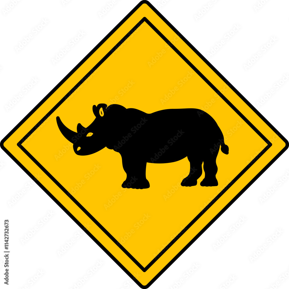 Yellow Road Sign Rhino. Vector Icon. Road Sign Warning about Crossing the Road by Animals. Sticker for Zoo Yellow Road Sign Rhino. Vector Icon. Road Sign Warning about Crossing the Road by Animals. Sticker for Zoo