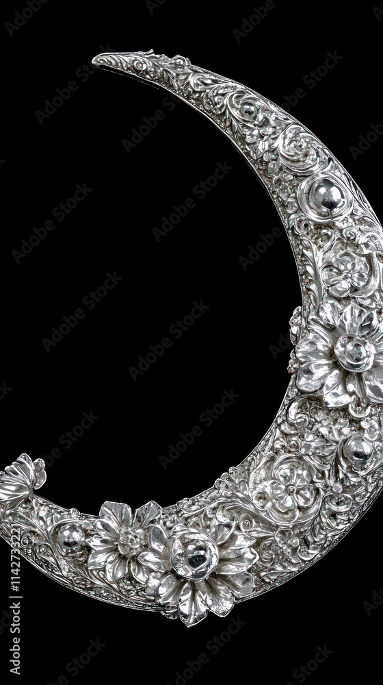 Fototapeta premium Ornate silver crescent moon jewelry pendant.