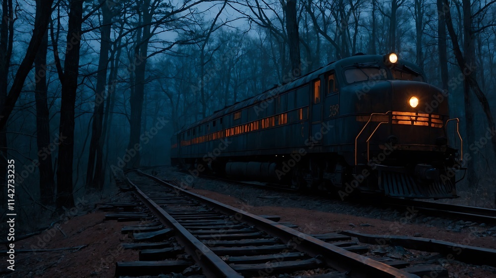 Fototapeta premium Mysterious Night Train in the Dark Forest