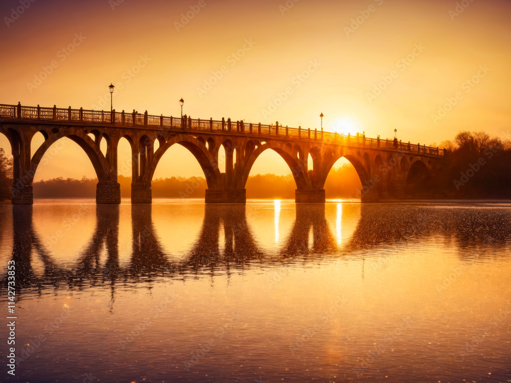 Golden Sunset over Arch Bridge Reflection. Golden Sunset over Arch Bridge Reflection.