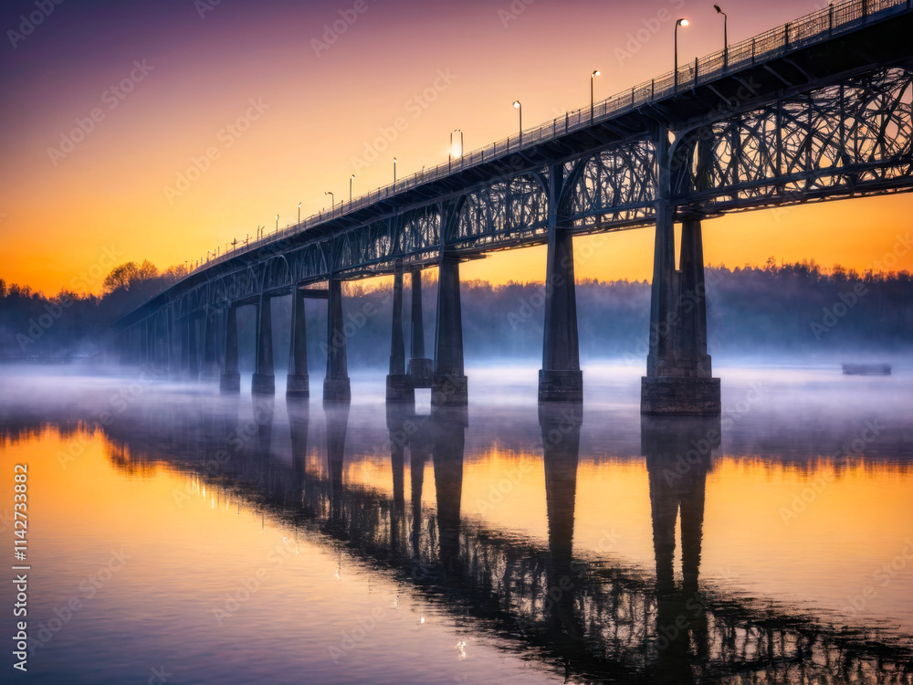 Fototapeta premium Misty Sunrise over River Bridge
