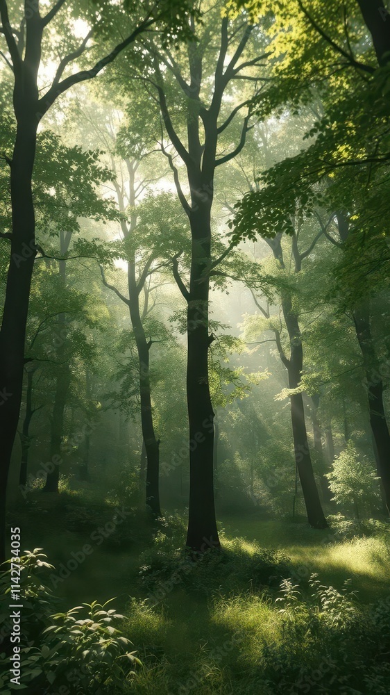 Fototapeta premium Misty green forest, sunlight filtering through dense canopy, ethereal, dark