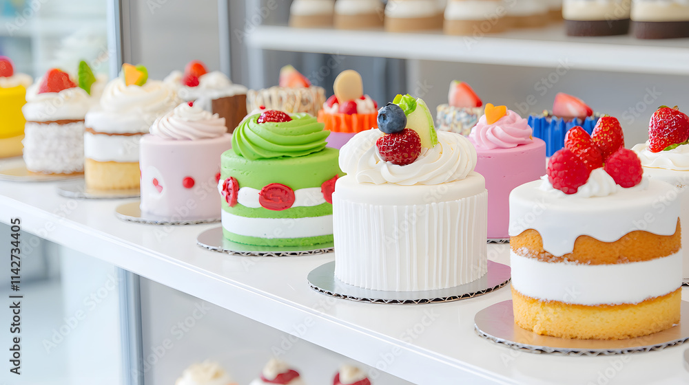A variety of delicious cakes on display in a bakery. A display case full of cakes and pastries A variety of delicious cakes on display in a bakery. A display case full of cakes and pastries