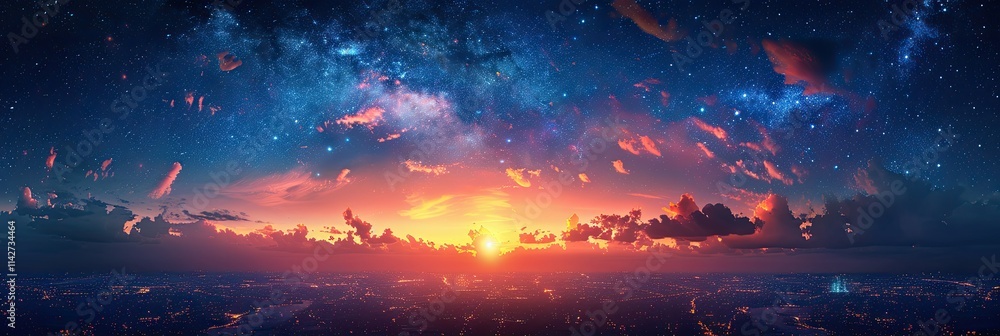 Fototapeta premium A breathtaking sunset over a city, blending vibrant colors with a starry sky.