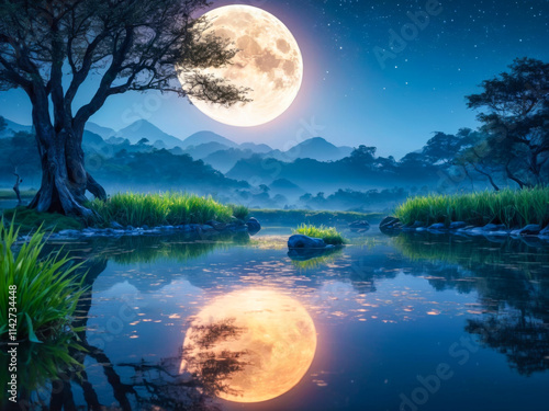 Serene Moonlit Lake Reflection.