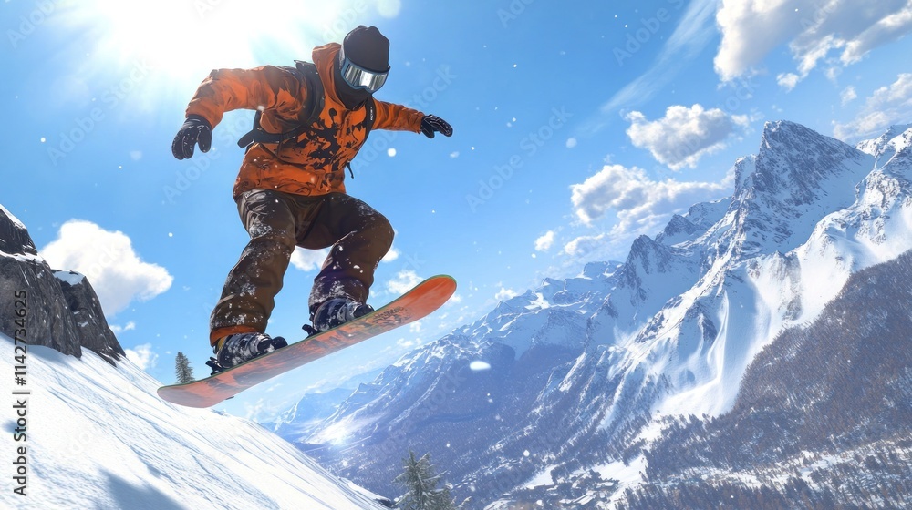 A snowboarder performs a jump in a snowy mountain landscape under a bright sun.