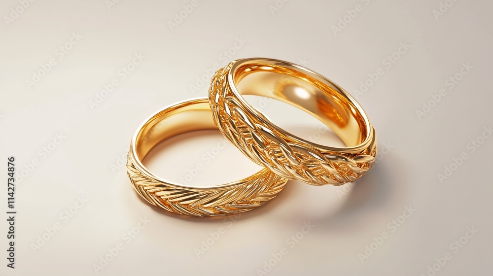 Elegant golden wedding rings with a braided design, symbolizing love and commitment. Elegant golden wedding rings with a braided design, symbolizing love and commitment.