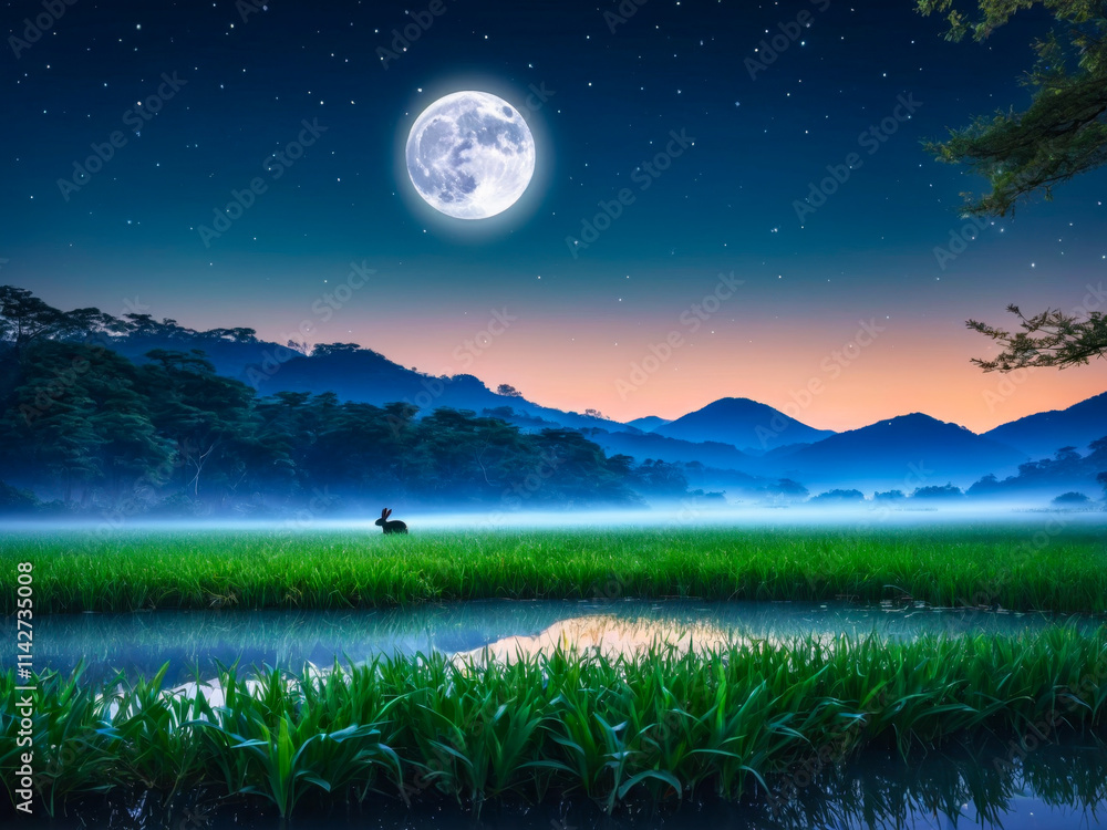 Serene Night Landscape with Rabbit under Full Moon Serene Night Landscape with Rabbit under Full Moon