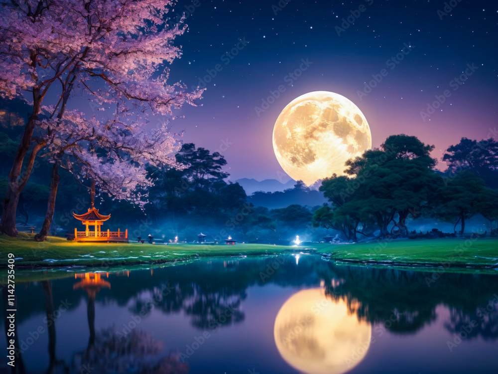Naklejka premium Serene Moonlit Night in a Japanese Garden.